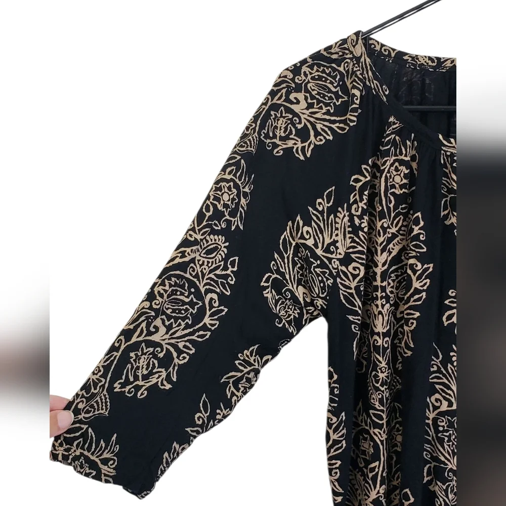Lucky Brand Black Keyhole Detail Peasant Top Black & Tan Size 1X Boho